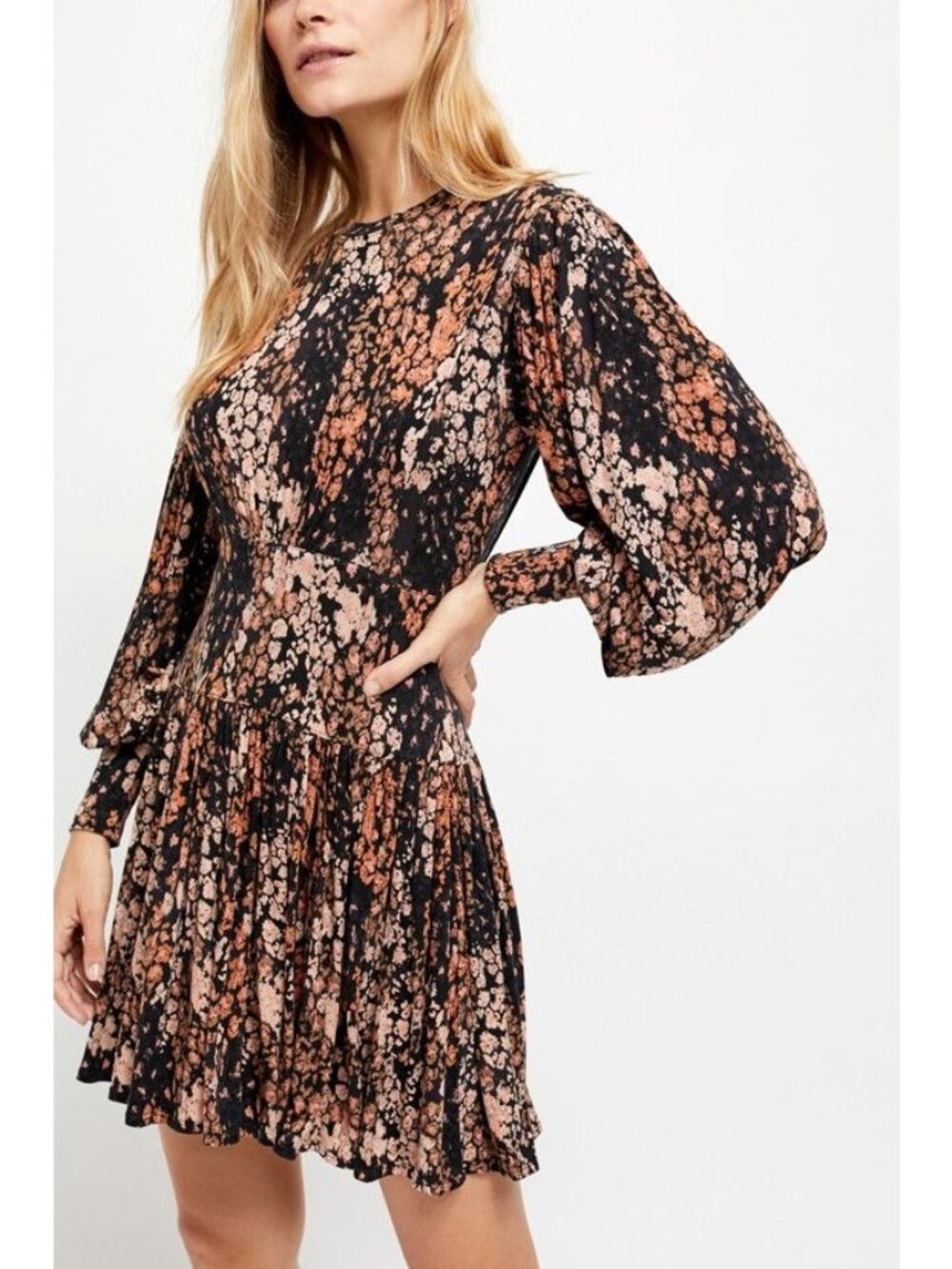 Free People Heartbeats Mini Dress Floral Print Mutton Sleeves Keyhole Back M
